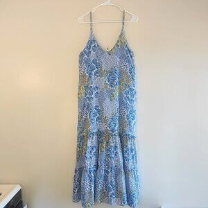 Peixoto Tiered Floral Maxi Dress Blue-White Tropical Beach Boho  Women's Small